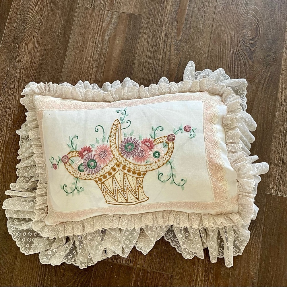 Floral Embroidered Ruffled Pillow 13/19 inches